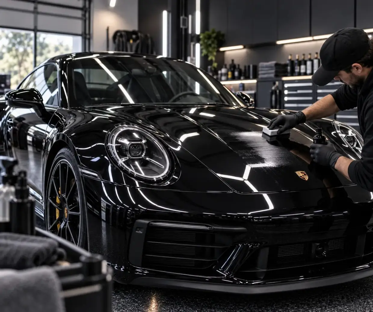 Ceramic coating applied by hand to a black sports car