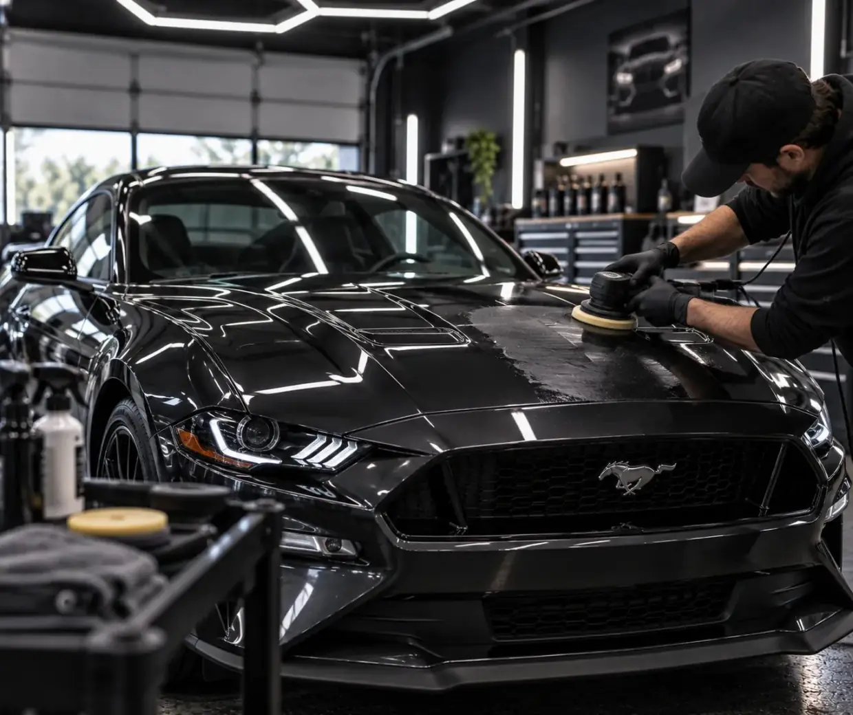 Machine polishing a hood to remove swirl marks