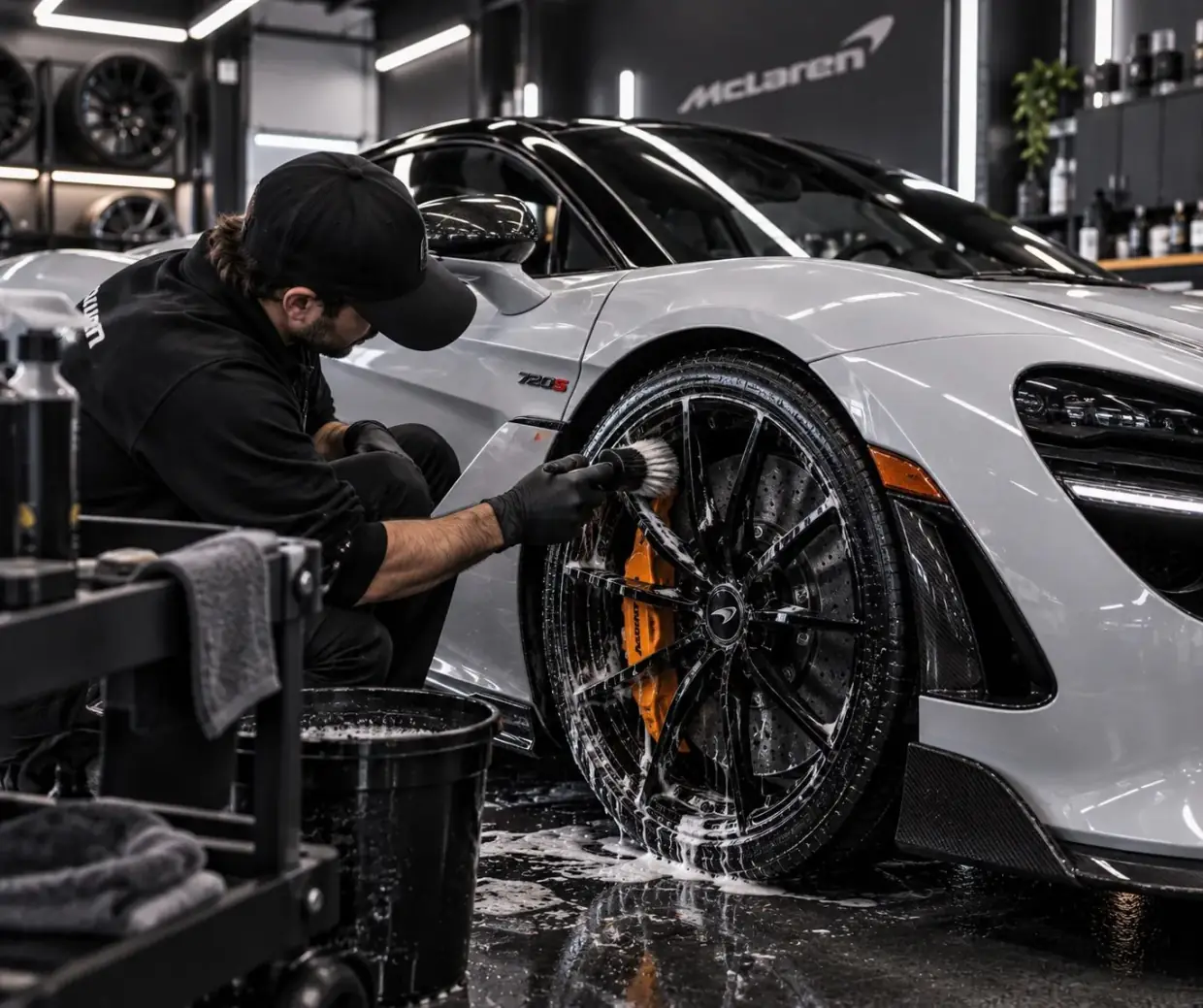 Wheels and tires washed by hand during an exterior detail